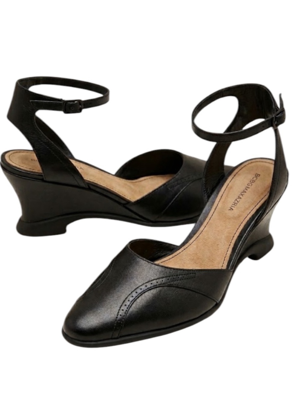BCBG Black Women's Slingback Leather Wedge Heels